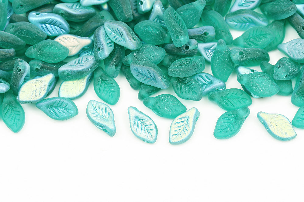Bay Leaf 12×6mm Crystal Green Drak AB Matt 1-Hole Czech Beads