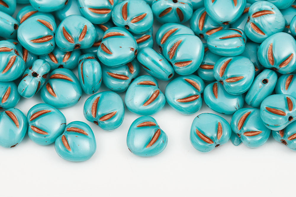 Peach 10×11mm Silk Blue Zircon With Copper 1-Hole Czech Beads