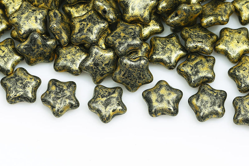 Star 12mm Jet Gold Finish Czech Glass Beads