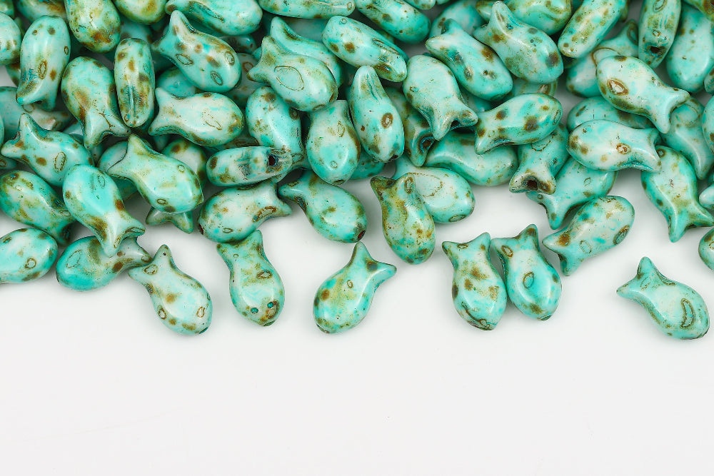 Fish Cookies 10×6mm Alabaster Travertin Turquoise Green 1-Hole Czech Beads