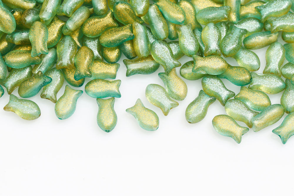 Fish Cookies 10×6mm Crystal Green Yellow Glitter 1-Hole Czech Beads