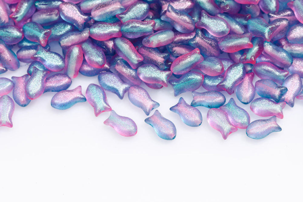 Fish Cookies 10×6mm Crystal Blue Pink Glitter 1-Hole Czech Beads