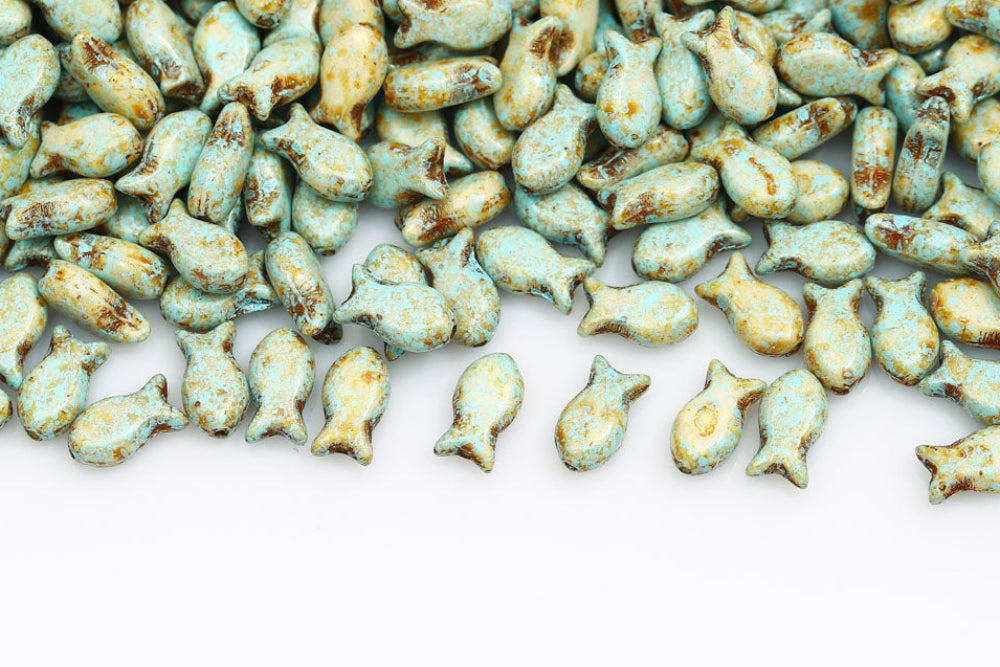Fish Cookies 10×6mm Alabaster Travertin Blue Splash 1-Hole Czech Beads