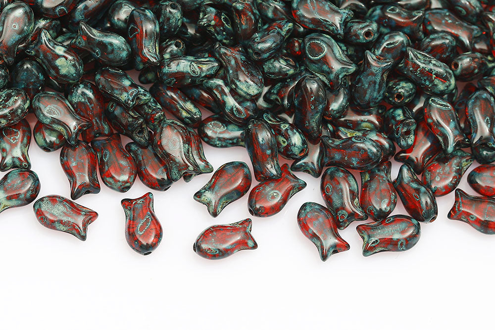 Fish Cookies 10×6mm Lt.Siam Travertin 1-Hole Czech Beads