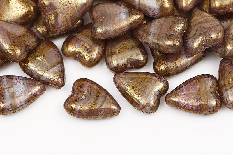 Heart 16×13mm Crystal Silk Brown Mixed With Gold Marble Finish Czech Beads
