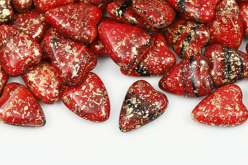 Heart 16×13mm Gold Splash Black Red Mixed Czech Glass Beads