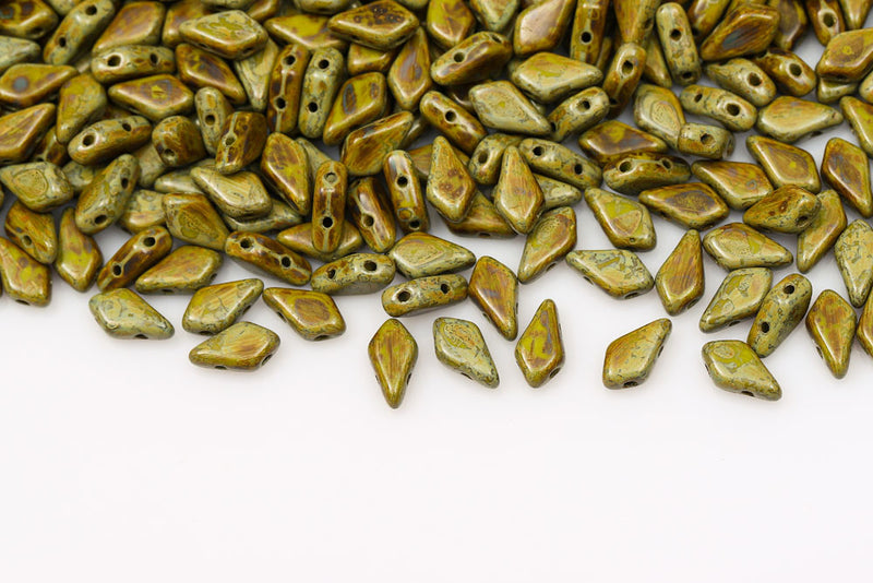 Kite 9×5mm Dark Opaque Green Travertine 2-Hole Czech Beads