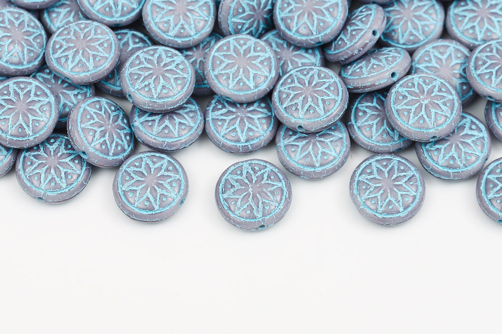 Flower Coins 13mm Amethyst With Blue 1-hole Czech Beads