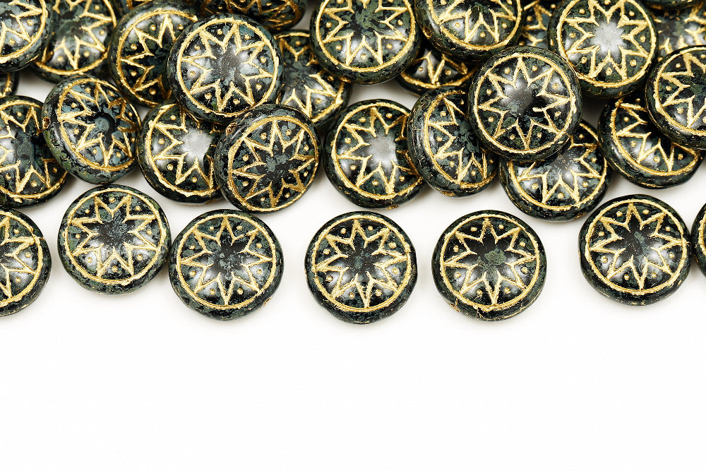 Flower Coins 13mm Jet Travertin With Gold 1-hole Czech Beads