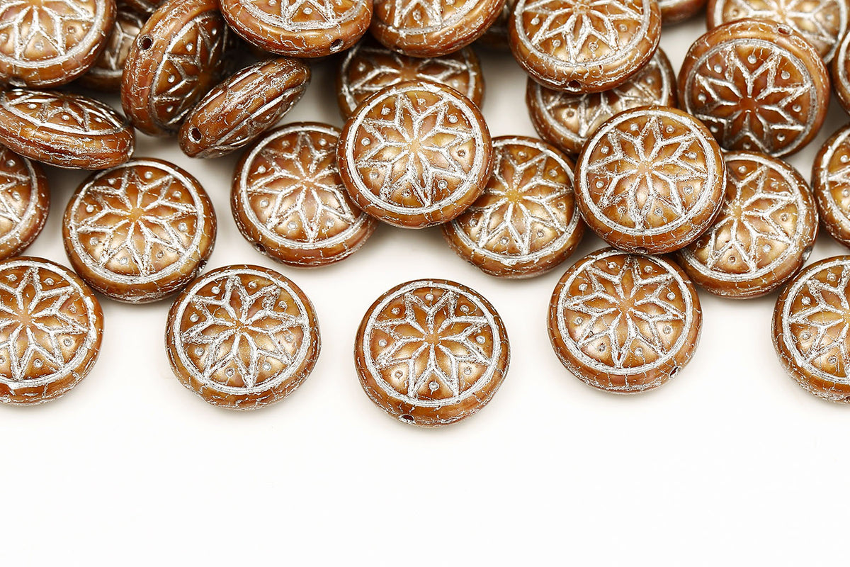 Flower Coins 13mm Silk Pink Travertin With Silver 1-hole Czech Beads