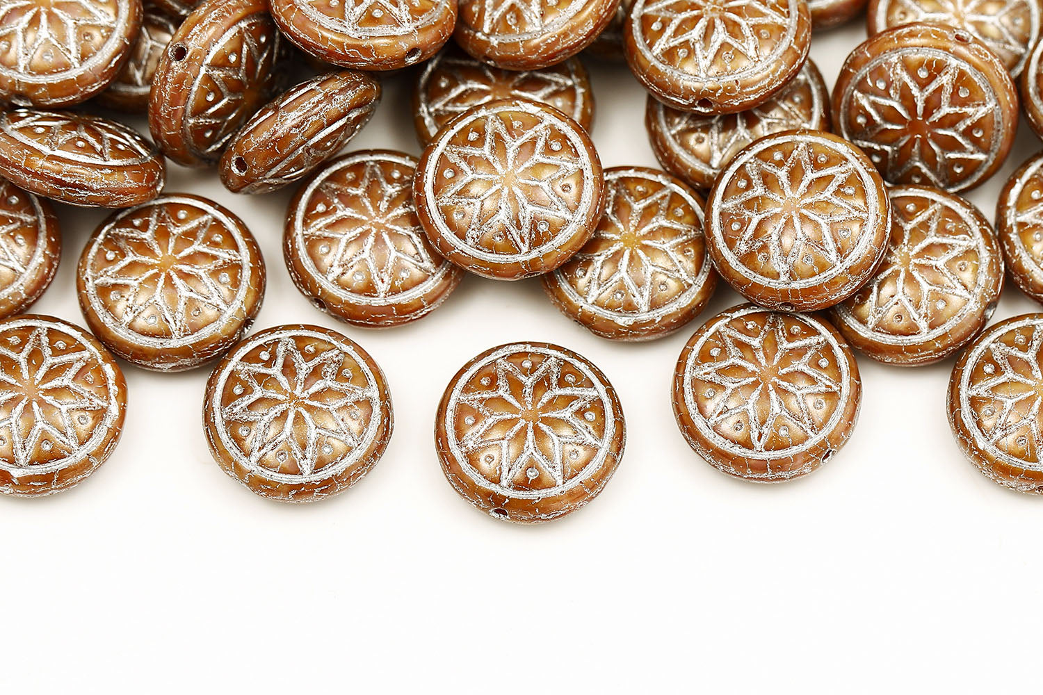 Flower Coins 13mm Silk Pink Travertin With Silver 1-hole Czech Beads