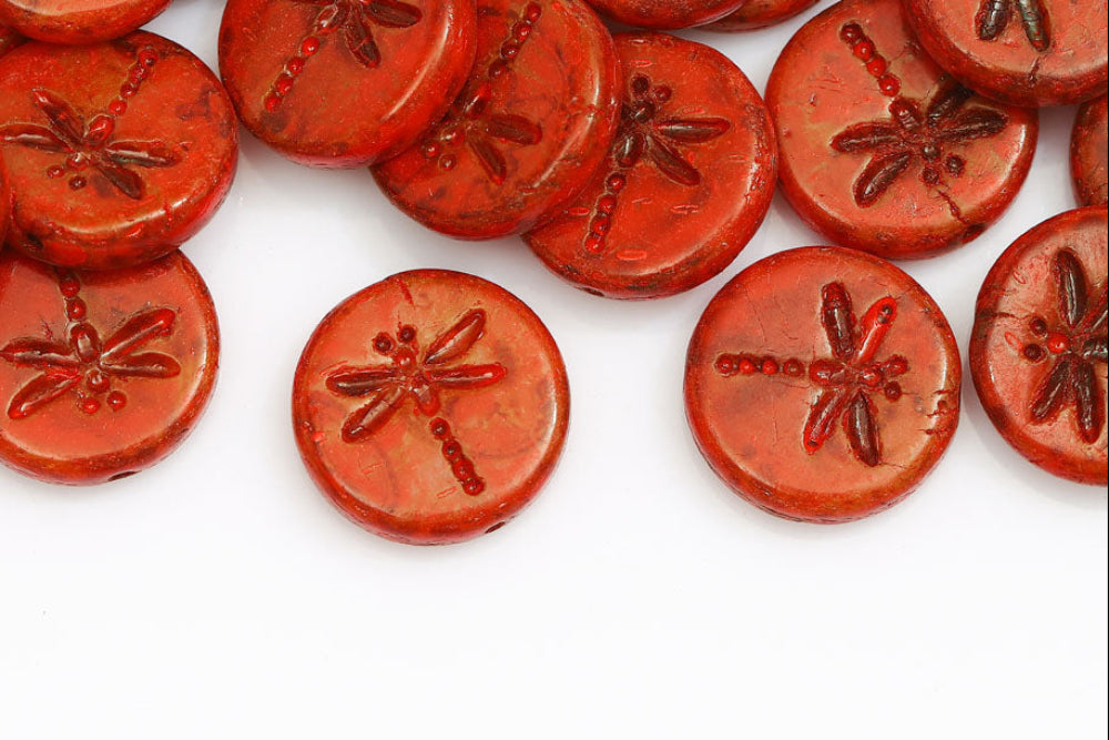 Dragonfly 17mm Crystal Travertin Red 1-Hole Czech Beads