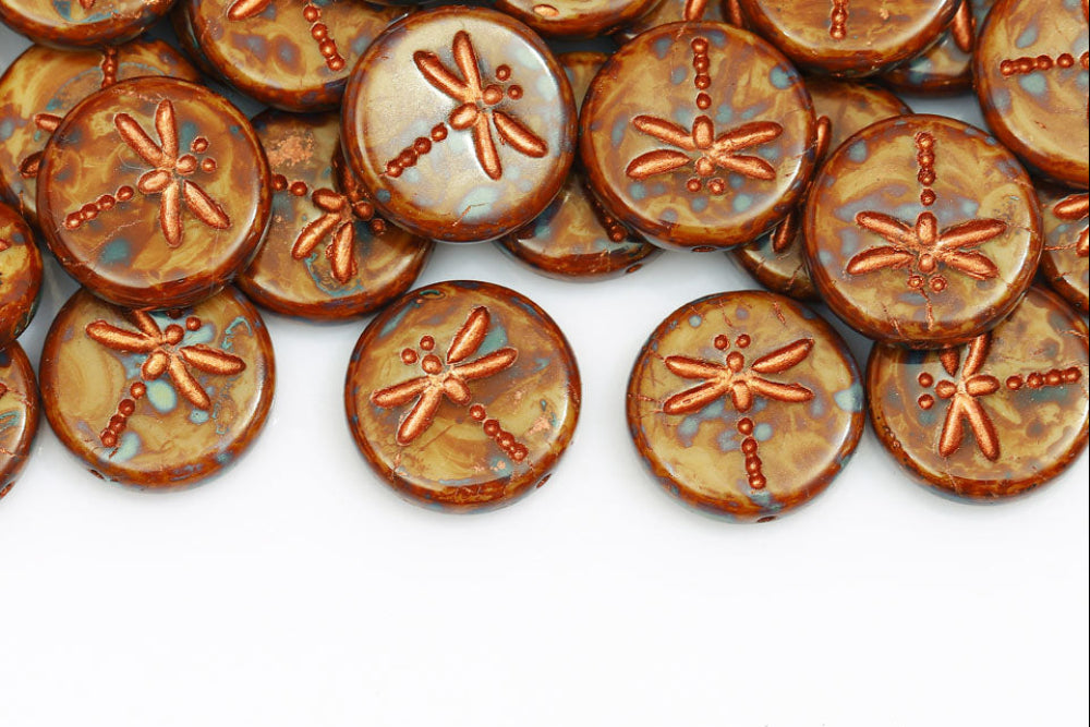 Dragonfly 17mm Chocolate Travertin With Bronze Gold 1-Hole Czech Beads