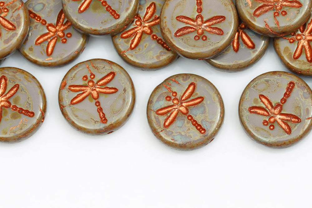 Dragonfly 17mm Amethyst Travertin Bronze Gold 1-Hole Czech Beads