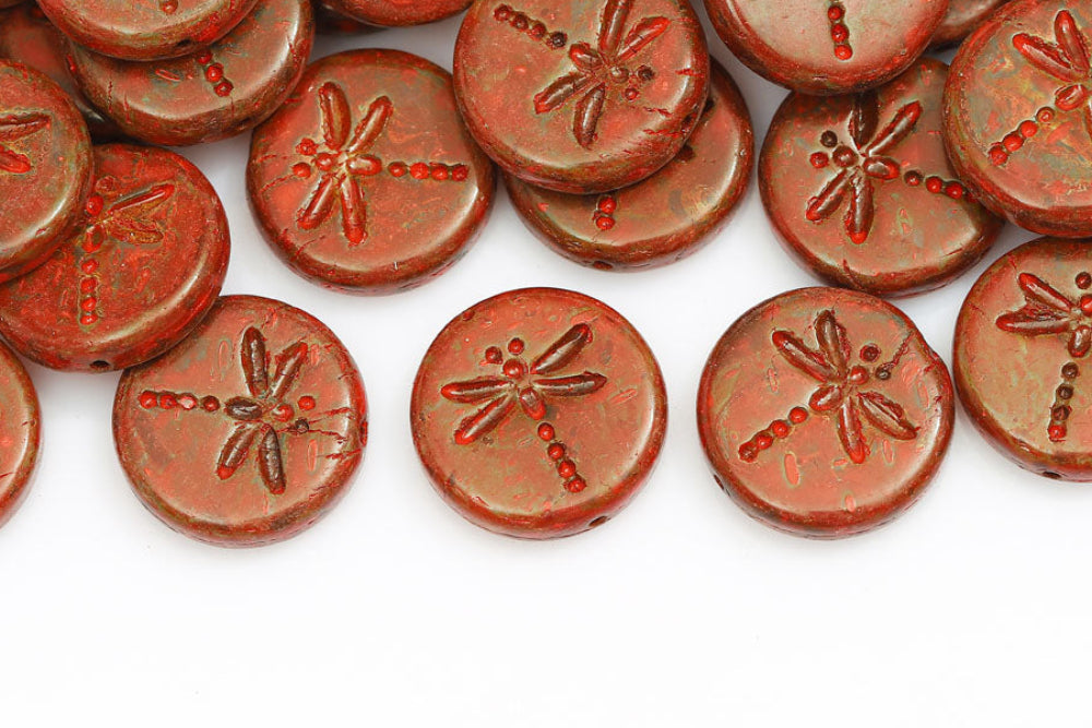 Dragonfly 17mm Opal Drak AquaTravertin Red 1-Hole Czech Beads