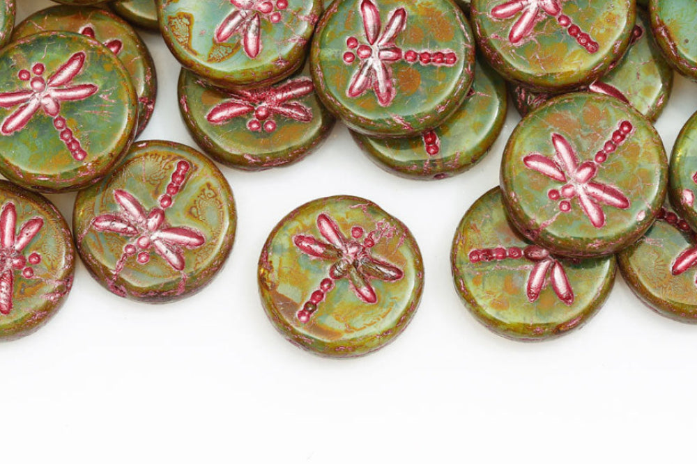 Dragonfly 17mm Opal Drak Aqua Travertin With Pink 1-Hole Czech Beads