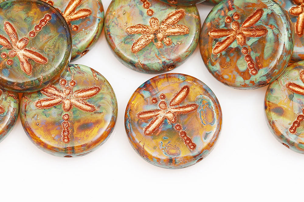 Dragonfly 17mm Amber Travertin With Copper 1-Hole Czech Beads