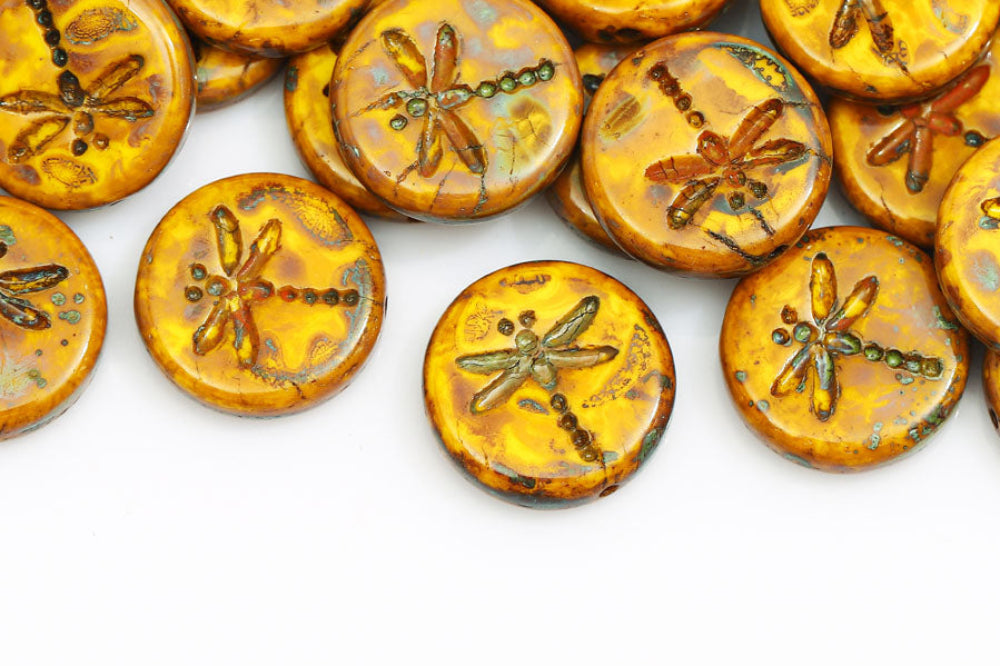 Dragonfly 17mm Lemon Travertin 1-Hole Czech Beads