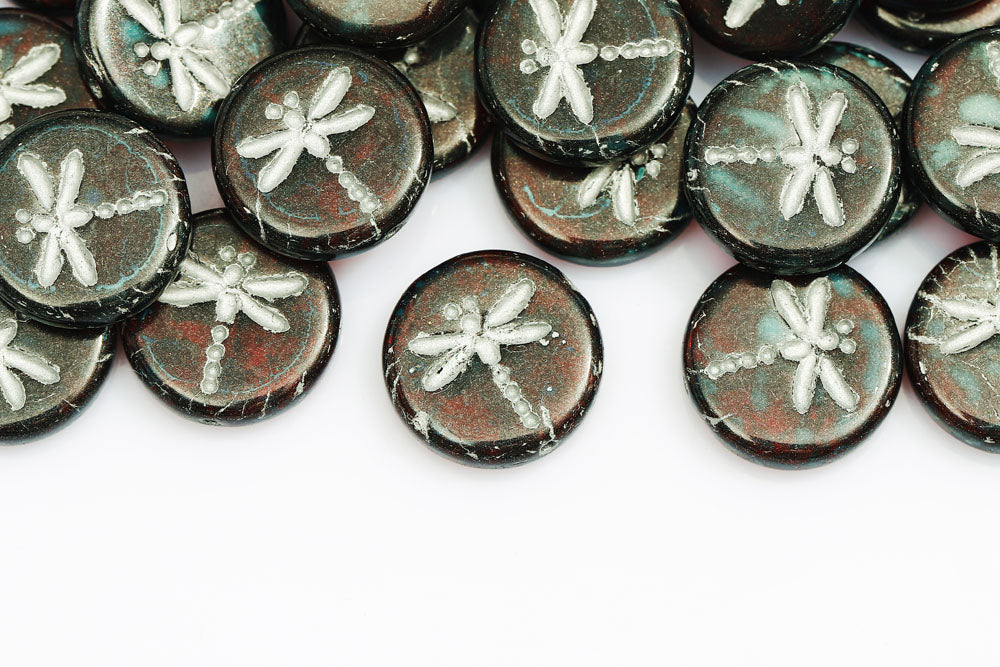 Dragonfly 17mm Burgundy Travertin With Silver 1-Hole Czech Beads