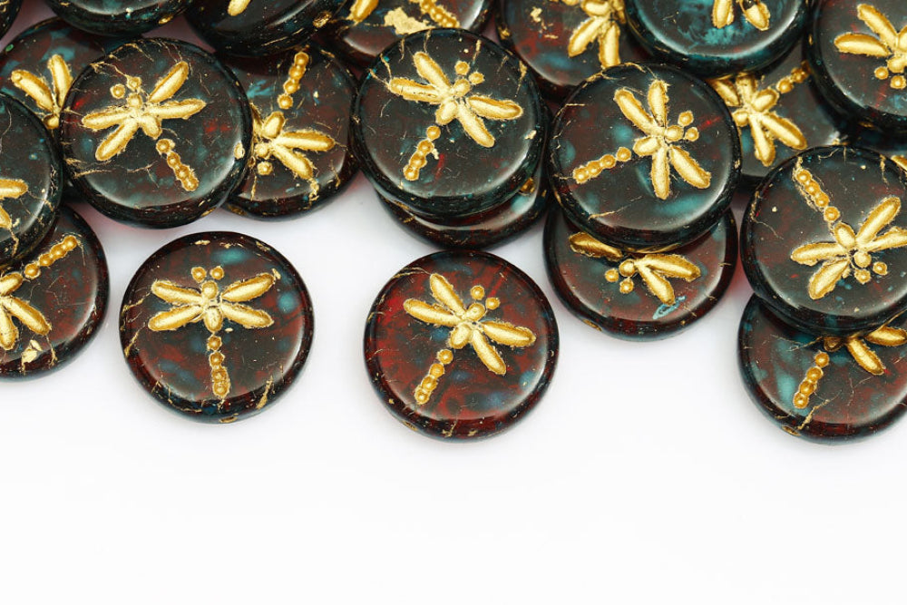 Dragonfly 17mm Burgundy Travertin With Gold 1-Hole Czech Beads