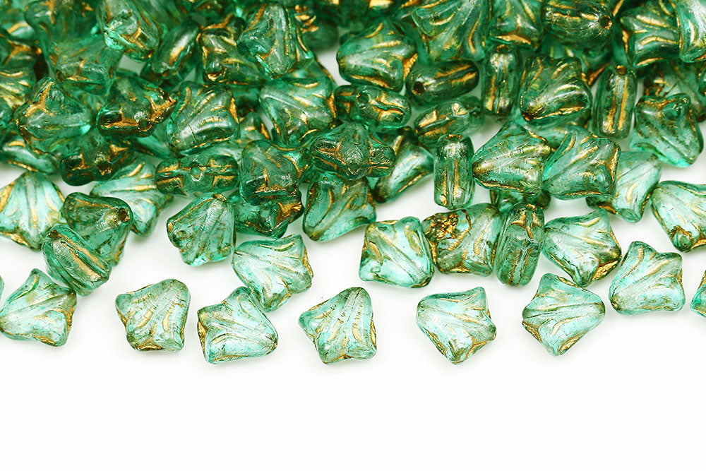 Lily 9mm Crystal Green Finish With Gold 1-Hole Czech Beads