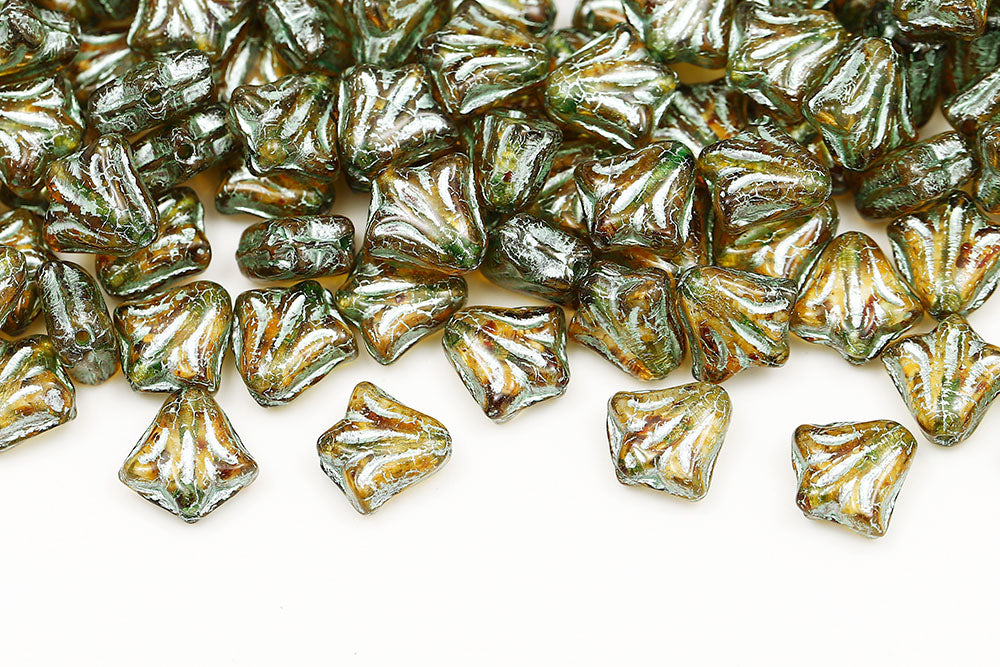 Lily 9mm Crystal Travertin With Green 1-Hole Czech Beads