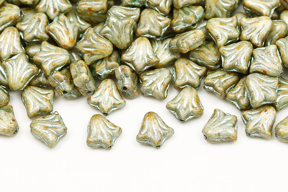 Lily 9mm Chalk Travertin With Green 1-Hole Czech Beads