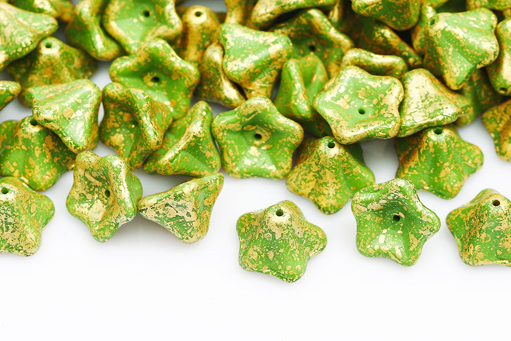 Petunia Flower 8×13mm Gold Splash Silk Green 1-Hole Czech Beads