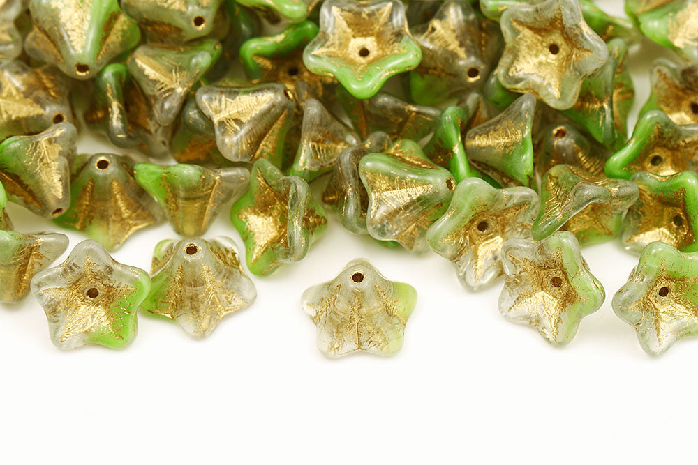 Petunia Flower 8×13mm Crystal Green With Gold 1-Hole Czech Beads