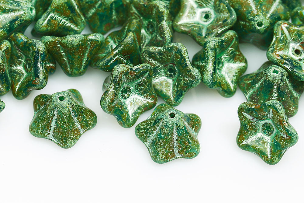 Petunia Flower 8×13mm Aqua Travertin With Green 1-Hole Czech Beads