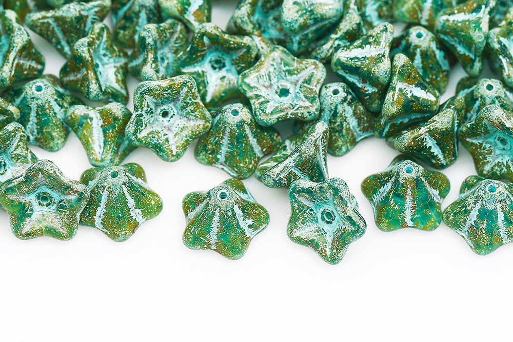 Petunia Flower 8×13mm Aqua Travertin With Blue 1-Hole Czech Beads