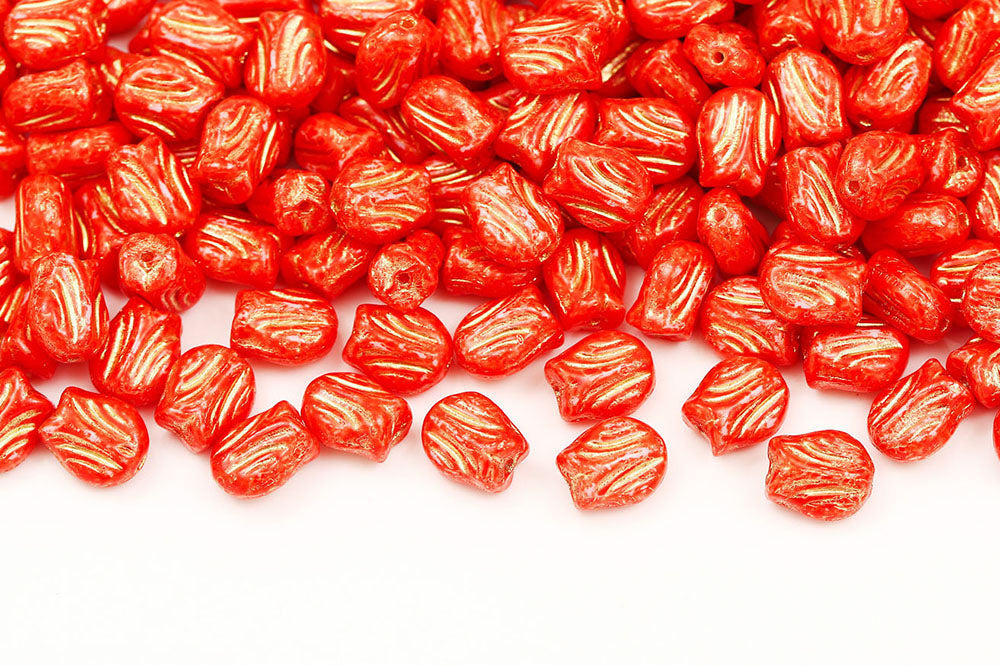 Tulip 9×7mm Chalk Red Finish With Gold 1-Hole Czech Beads