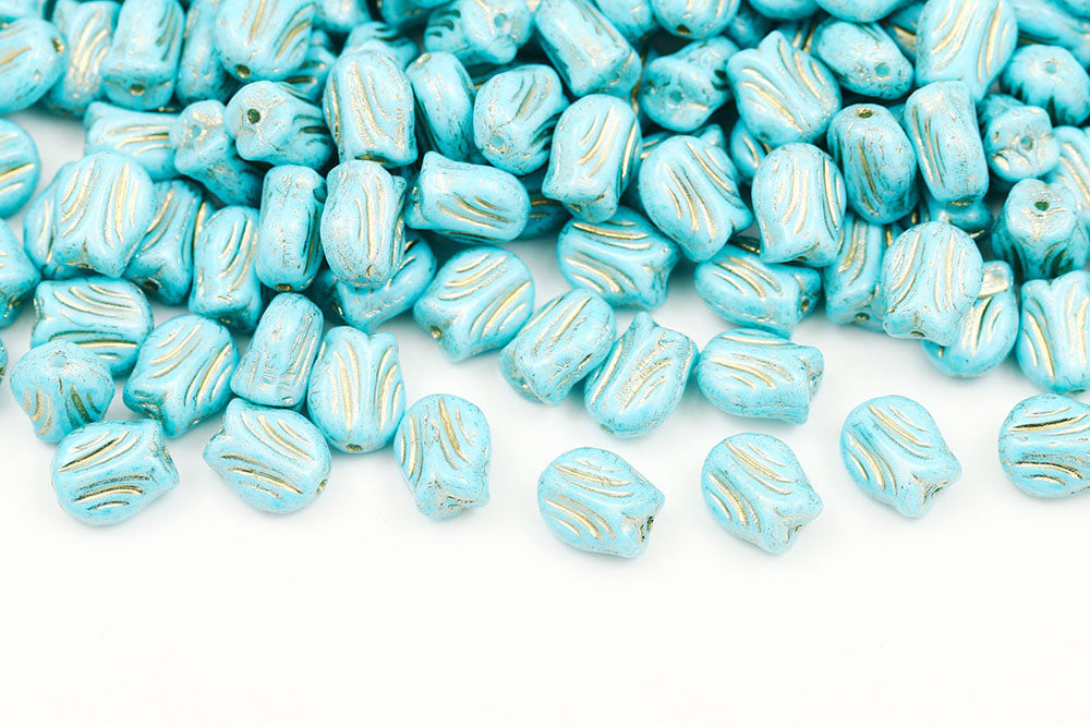 Tulip 9×7mm Chalk Turquoise Blue Finish With Gold 1-Hole Czech Beads