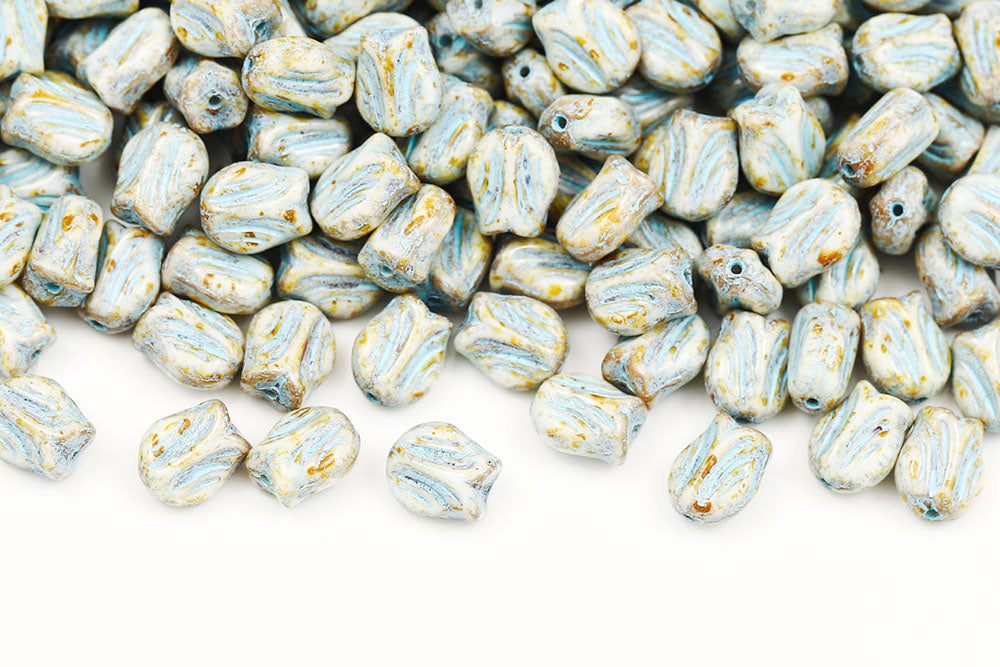 Tulip 9×7mm Chlak Travertin With Blue 1-Hole Czech Beads