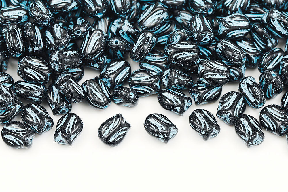Tulip 9×7mm Black With Blue 1-Hole Czech Beads