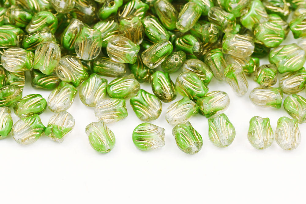 Tulip 9×7mm Crystal Green Mixed With Gold 1-Hole Czech Beads