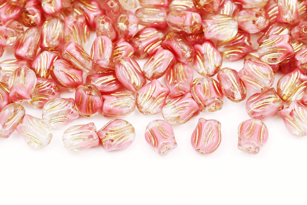 Tulip 9×7mm Crystal Pink Mixed With Gold 1-Hole Czech Beads
