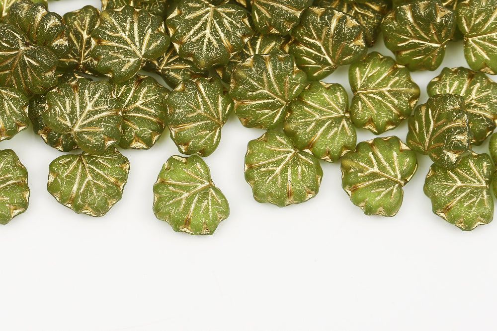Grape Leaves 13×11mm Olivine With Gold Matt 1-Hole Czech Beads