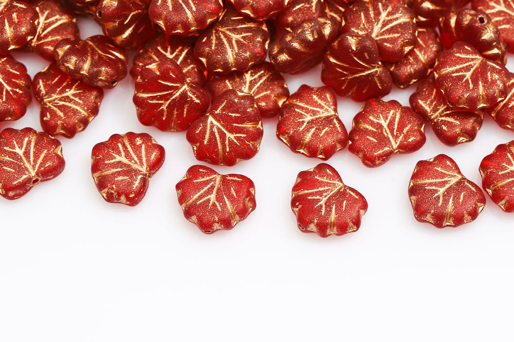 Grape Leaves 13×11mm Ruby With Bronze Gold Matt 1-Hole Czech Beads