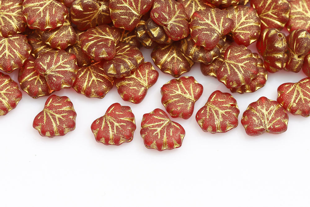 Grape Leaves 13×11mm Ruby With Gold Matt 1-Hole Czech Beads