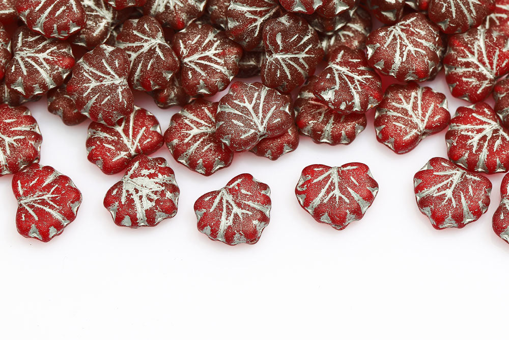 Grape Leaves 13×11mm Ruby With Silver Matt 1-Hole Czech Beads