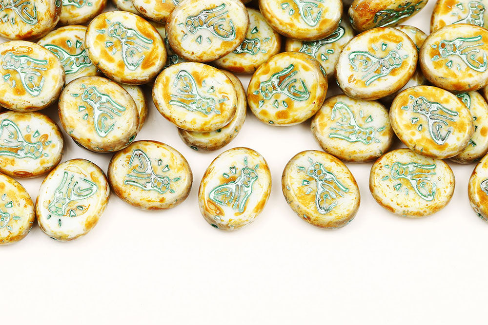 Cat 16×12mm Chalk Travertin With Green 1-Hole Czech Beads