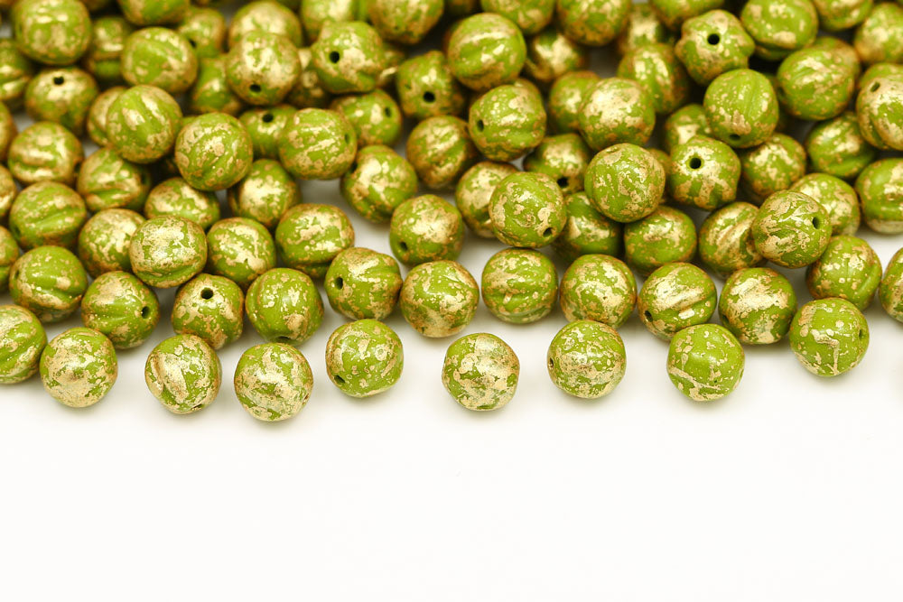 Melon 6mm Gold Splash Olive Green Czech Beads