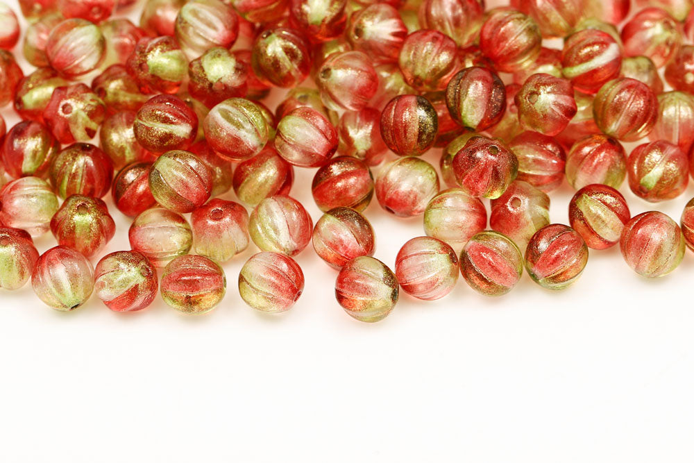 Melon 8mm Crystal Frozen Red Green Czech Beads