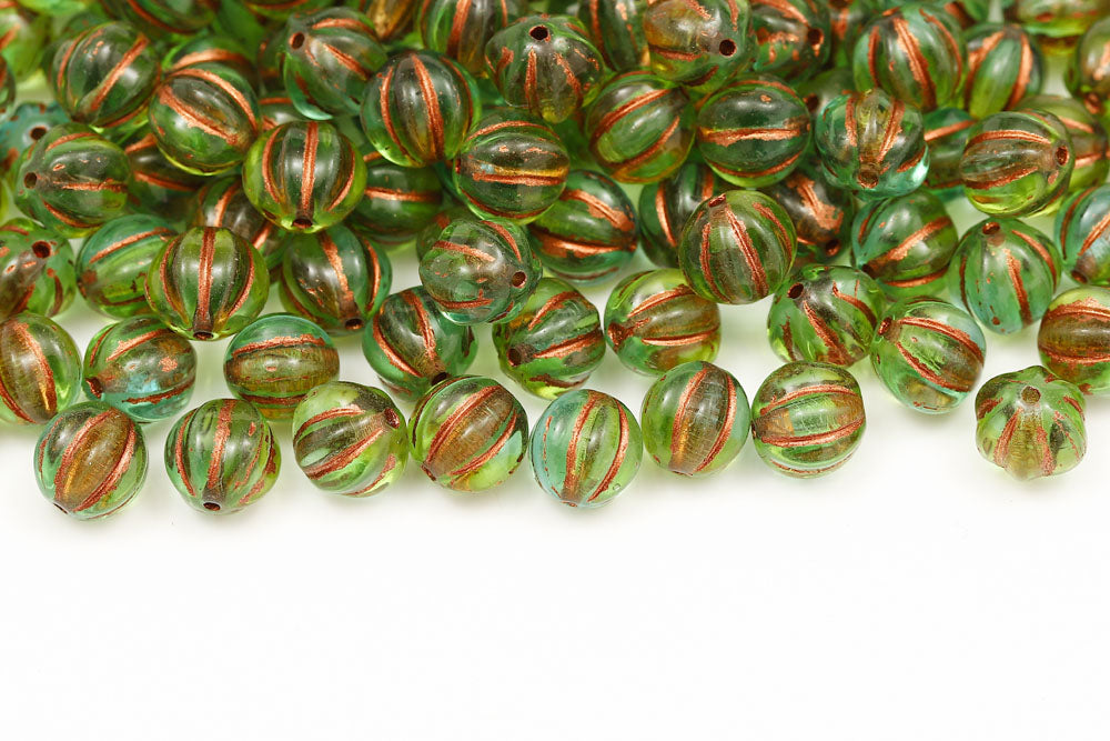 Melon 8mm Olivine Aqua Mixed With Copper Czech Beads