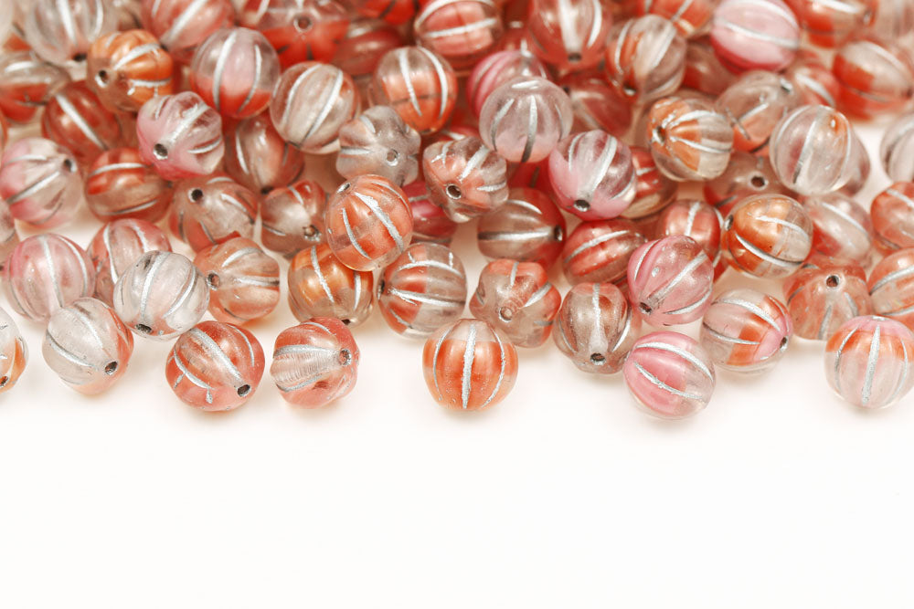 Melon 8mm Crystal Pink Mixed With Silver Czech Beads