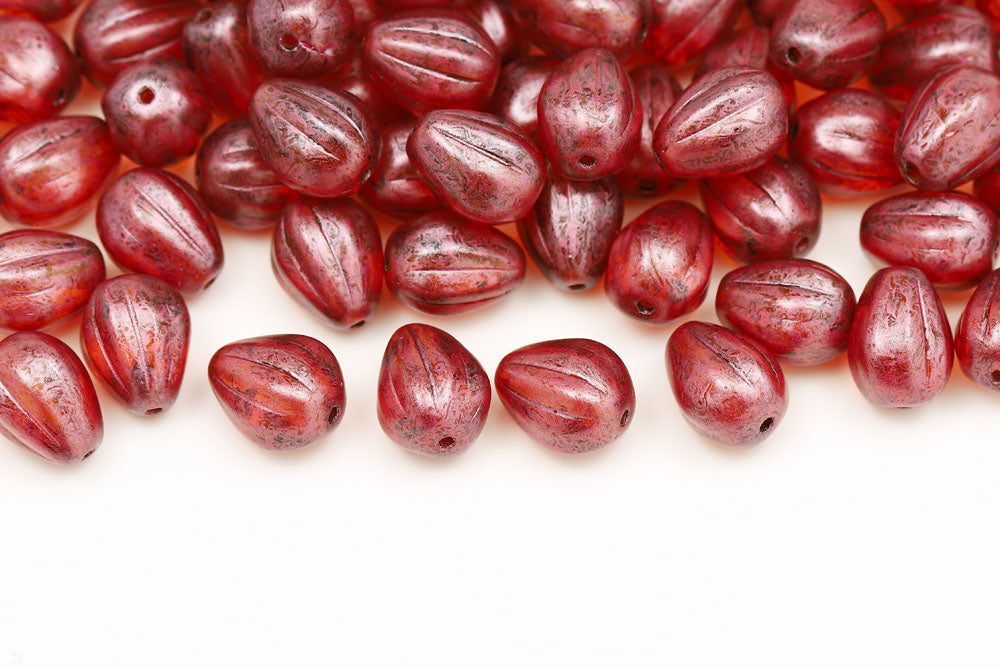 Melon Drops 11×9mm Crystal Rose Marble Finish Czech Beads