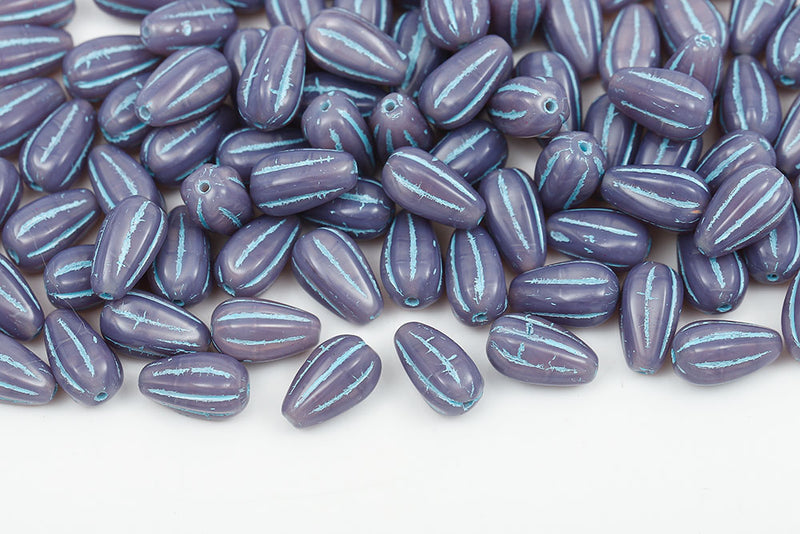Melon Drops 13×8mm Opal Lavender With Blue Czech Beads
