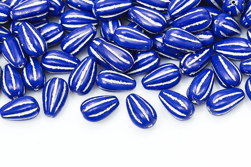 Melon Drops 13×8mm Opaque Dark Sapphire WIth White Czech Beads