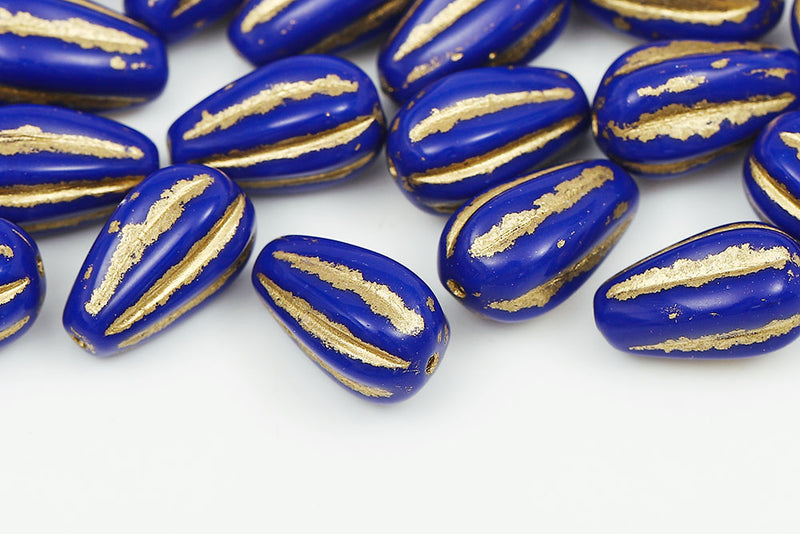 Melon Drops 13×8mm Navy Blue With Gold Czech Beads